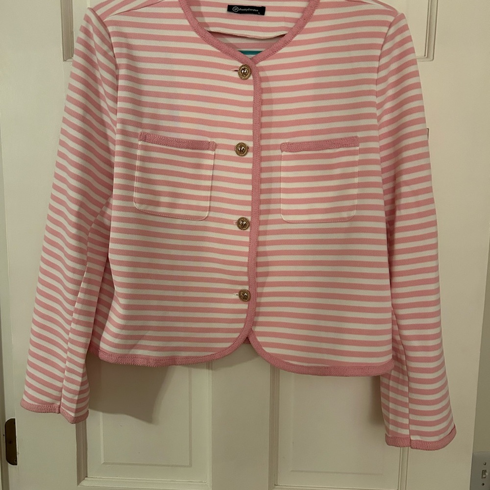 Charming Striped Pink & White Jacket - Classic Crewneck